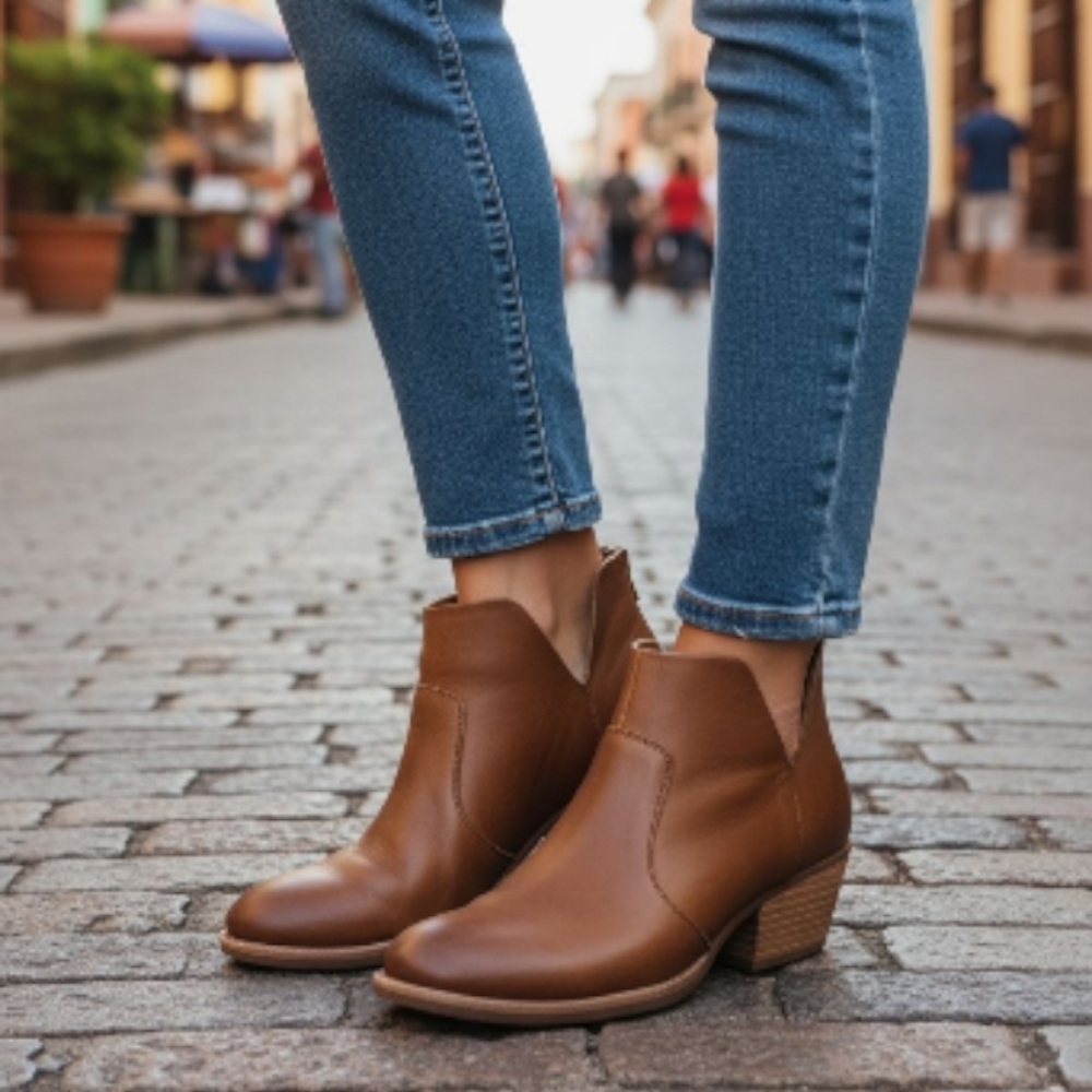 EUC Kork-Ease Skye Brown Cuero Leather Ankle Boot Bootie, 1.66" Heel, 7.5M